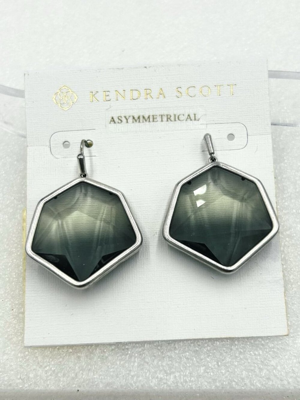 Kendra Scott Vanessa Drop Earrings Silver Tone Smokey Gray Glass NEW
